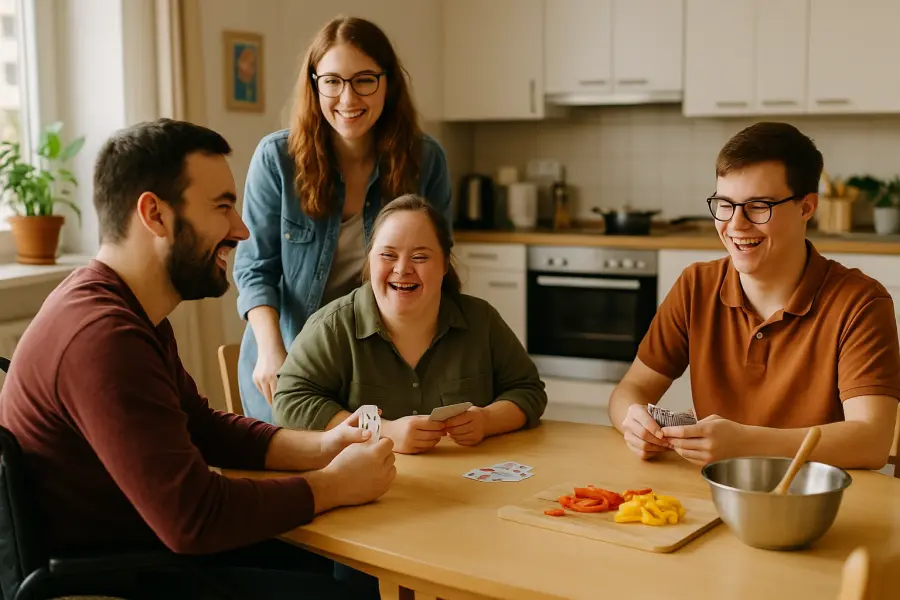Eine Inklusive Wohngemeinschaft bei Kartenspielen in der K&uuml;che.